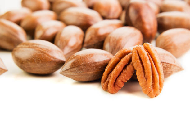 istock Not cleaned pecan nuts in the shell isolated on white. 1138665889