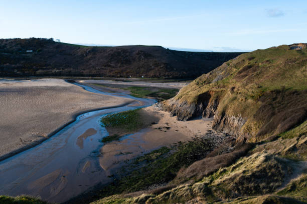 Aerial view of Three Cliffs Bay south coast beach