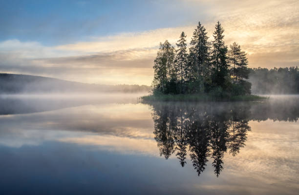 malerischer seeblick mit sonnenaufgang, insel und nebliger stimmung an schönen herbstmorgen in finnland - forrest lake lichtstimmung nebel stock-fotos und bilder