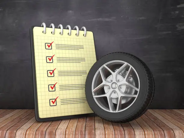 Check List Note Pad with Car Wheel on Chalkboard Background  - 3D Rendering