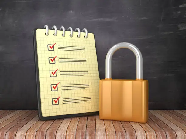 Check List Note Pad with Padlock on Chalkboard Background  - 3D Rendering