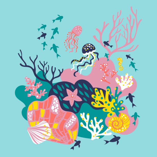 Vector card The hand-drawn vector illustration with a carefree mermaid, corals, seashells, jellyfish and seaweed. sea life stock illustrations