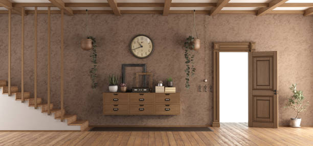 Retro home entrance with staircase, sideboard and open door - 3d rendering\nNote: the room does not exist in reality, Property model is not necessary