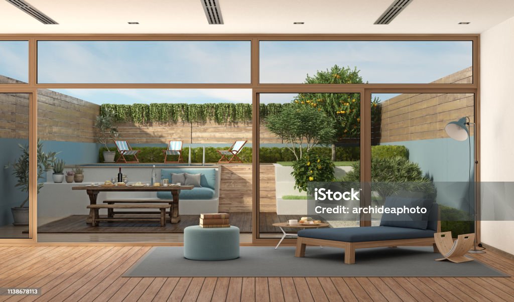 Modern Living Room With Garden On Background Stock Photo - Download Image  Now - Swimming Pool, Fence, Modern - iStock