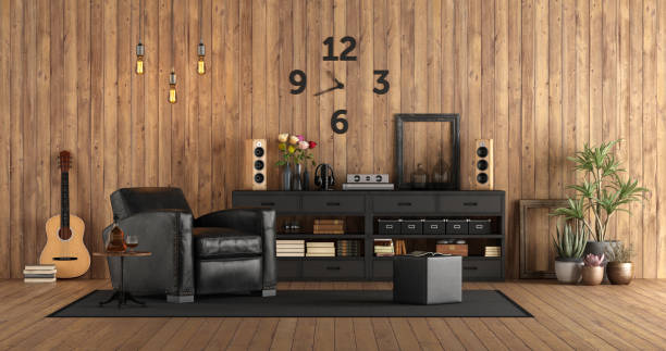 Living room in rustc style with audio equipment