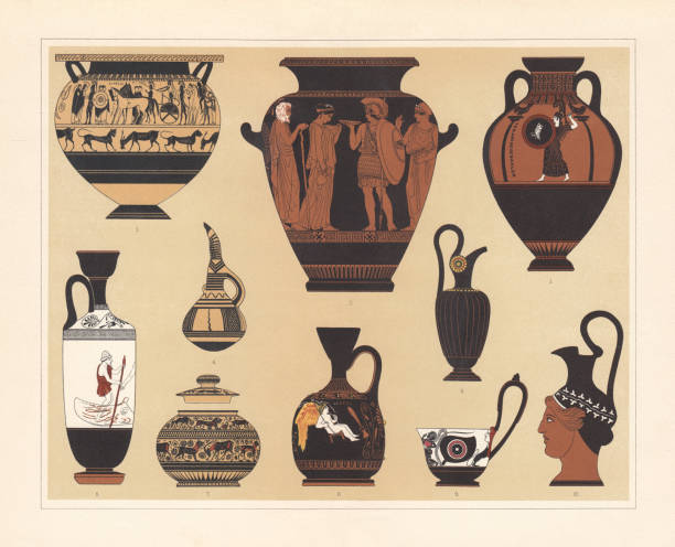 древнегреческие вазы, хромолитограф, опуб�ликованные в 1897 году - jug decorative urn ancient greek culture stock illustrations