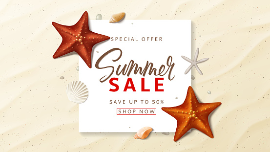 Summer sale advertisement vector banner. Summer background with top view on realistic seashells and starfishes on sea beach. Vector illustration with special discount offer.