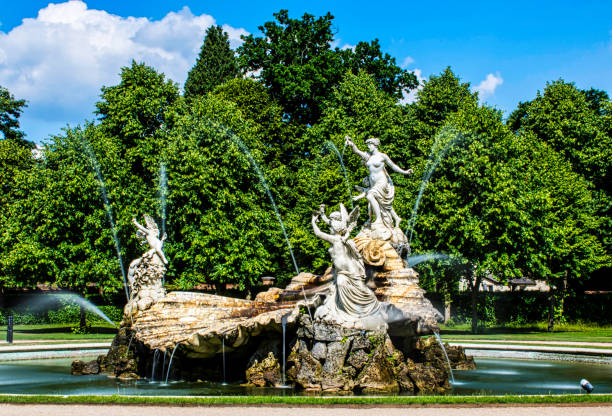 fountain in front of water tower in Mannheim at sunset