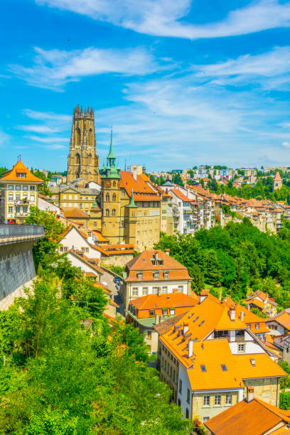 городской пейзаж фрибурга доминирует башня собора святого николая, швейцария - fribourg canton built structure switzerland architectural styles стоковые фото и изображения