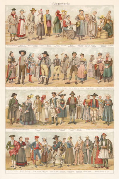 European traditional ethnic folklore costumes, chromolithograph, published in 1897 European traditional ethnic folklore costumes, top: 1) Laplander from Finnmark County (Norway); 2) Girl from Blekinge (Sweden); 3-4) Fisherman and fisherman's wife from Bergen (Norway); 5) Mordvin (Finland/Russia); 6) Russian woman (formerly Gouvernement Tambow); 7) Polish Jewess; 8) Flemish lacemaker; 9) Milkmaid from Antwerp (Belgium); 10) Girl from Goes (Holland, Netherlands) 11) Girl from Antwerp; 12) Dairywoman from Amsterdam (Netherlands); 13) Dutsh fisherman; 14-15) Farmer's wife and farmer from Westphalia (Minden, Germany); 16) Country girl from Weizsaecker (formerly Pomerania, Germany); 17) Wendish girl (Lusatia, Germany); 18) Farmer from Weizsaecker (Pomerania); 19) Thuringian country boy (Germany); 20) Country girl from Altenburg (Thuringia, Germany); 21-22) Farmer and girl from Tegernsee (Bavaria, Germany); 23) Woman from Danstedt, near Halberstadt (Saxony-Anhalt, Germany); 24) Black forest (Schwarzwald) girl, Baden-Wurttemberg, Germany; 25) Country girl from Neuland, near Neisse (formerly Silesia, Germany). Bottom: 1-2) Farmer and farmer's wife from Upper Austria; 3) Farmer from the Tatra Mountains (Slovakia, formerly Austria-Hungary); 4) Croatian farmer's wife; 5) Croatian mountain farmer; 6) Girl from Tyrol (Pustertal, South Tyrol); 7) Farmer from Tyrol (Merano); 8) Wallachia woman from Orsova (Romania); 9-12) Rural costumes from Brittany (France); 13) Spanish Torero; 14-15) Spanish farmer's women (A Coruña, Asturias); 16) Wealthy farmer from Catalonia, Spain; 17) Girl from Naples, Italy; 18) Pifferaro (shepherd) from Naples; 19) Girl from Trastevere (Rome, Italy); 20) Woman from Albona (Labin, Istria, Croatia); 21) Turkish woman from Thessaloniki (Greece, formerly Ottoman Empire); 22) Ulama from Thessaloniki; 23-24) Albanians from Ioannina (Greece, formerly Ottoman Empire). Chromolithograph, published in 1897. tatra mountains stock illustrations