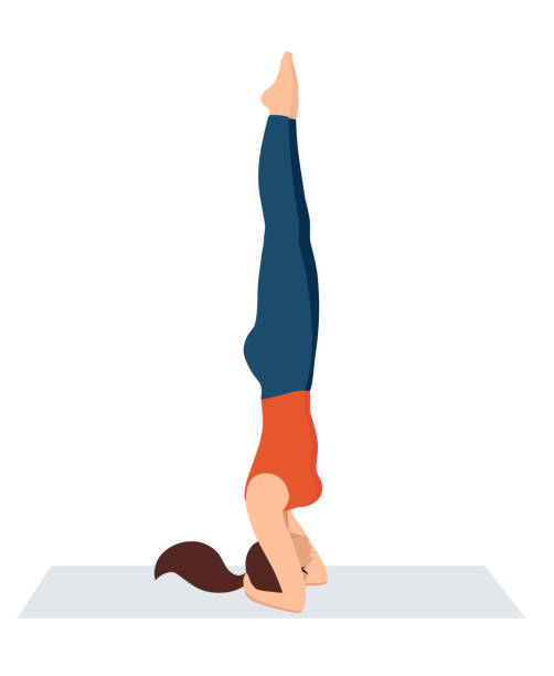 Vector illustration on white background. Headstand asanas in yoga. Beautiful young woman doing yoga strength exercises. Woman in sporty orange t-shirt and leggings relax. Vector illustration on white background. Headstand asanas in yoga. Beautiful young woman doing yoga strength exercises. Woman in sporty orange t-shirt and leggings relax. headstand stock illustrations