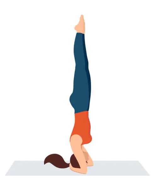 Vector illustration of Vector illustration on white background. Headstand asanas in yoga. Beautiful young woman doing yoga strength exercises. Woman in sporty orange t-shirt and leggings relax.