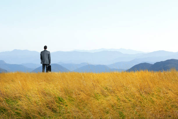 istock Businessman Stands Overlooking Mountain Range 1138683641
