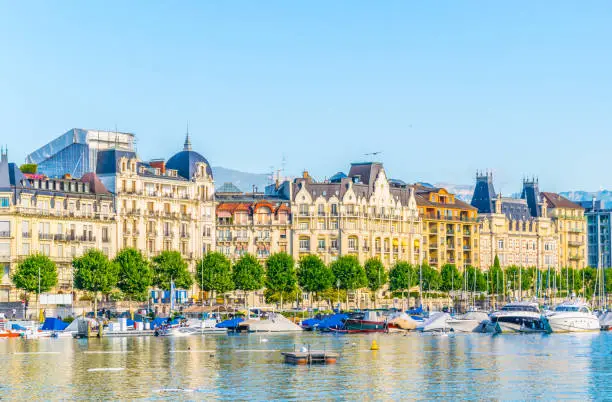 Photo of Cityscape of Geneva viewed behind Geneva lake/Lac Leman in Switzerland