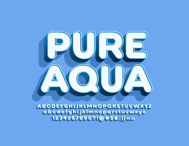 ilustraciones, imágenes clip art, dibujos animados e iconos de stock de emblema vectorial agua pura con alfabeto 3d conjunto - tridimensional