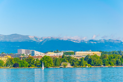 Cityscape of Geneva viewed behind Geneva lake/Lac Leman in Switzerland