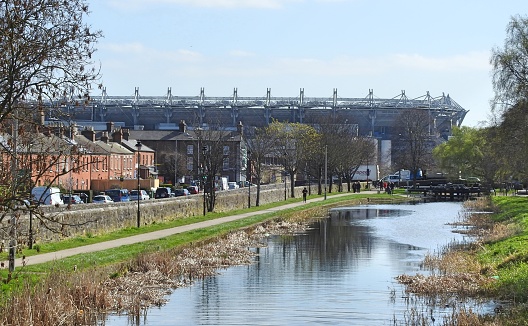 27th March 2019, Dublin, Ireland. The Royal Canal near Phibsborough, with Croke Park stadium in the distance.