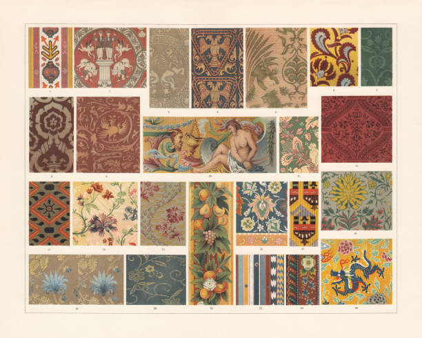 illustrations, cliparts, dessins animés et icônes de tissus historiques (antiquité au xixe siècle), chromolithographe, publié 1897 - wallpaper pattern silk pattern rococo style