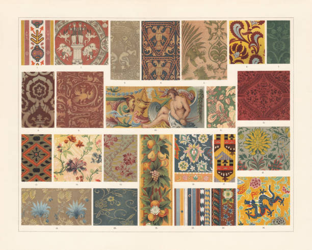 Historical fabrics (antiquity to the 19th century), chromolithograph, published 1897 Historical fabrics: 1) Ancient Egyptian pattern of cloth; 2) Roman fabric (400 AD); 3) Silk fabric from the tunic of Henry II (11th century); 4) Byzantine fabric (12th century); 5) Italian silk fabric (13th century); 6-8) Velvet (15th century); 9+13) Velvet (16th century); 10) French gobelin (17th century); 11) Silk fabric (17th century); 12) Burgundy velvet (16th century); 14) French silk fabric (18th century); 15) French fabric made from silk and wool (18th century); 16) Persian carpet (16th century); 17) Ancient Arabian fabric; 18) Silk fabric (17th century); 19) Silk fabric (18th century); 20) Japanese fabric; 21) Gobelin (16th century); 22) Indian cotton carpet; 23) Border of a Kashmir shawl; 24) Chinese silk fabric. Chromollithograph, published in 1897. tapestry stock illustrations