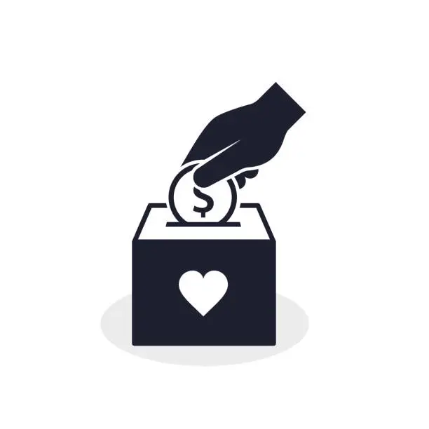 Vector illustration of Donation Box and Hand with coin icon concept. Hand putting coin in the box. Vector Charity concept