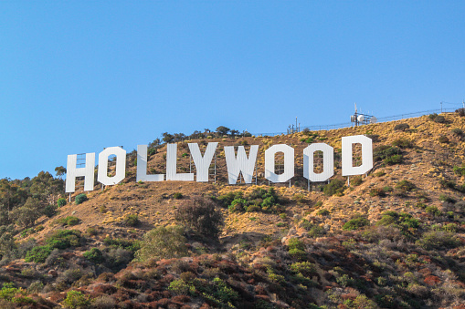Los Angeles, California. 09-11-2012. HOLLYWOOD sign on blue sky background. World famous landmark.