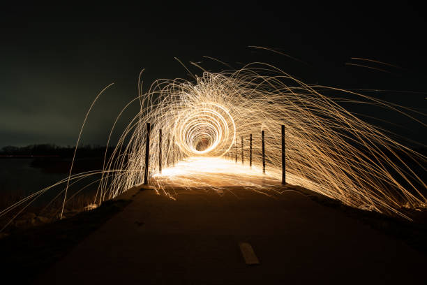 istock Rotating steel wool with sparkling burning sparks in the night with long exposure shutter photographed in different variations 1138692813