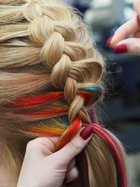 istock Rainbow hair in a braid. Braiding close up. 1138694128