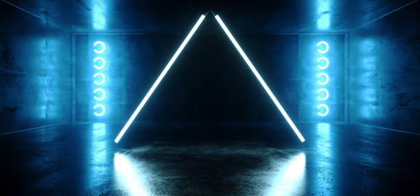 istock Triangle Shaped Neon Glowing Blue Vibrant Virtual Reality Cyber Dark Empty Grunge Reflection Concrete Hall Room Stage Lights Sci Fi Futuristic Podium Club 3D Rendering 1138694151