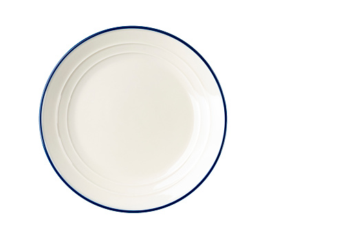 White plate with a blue stripe on the edge. Isolate View from above
