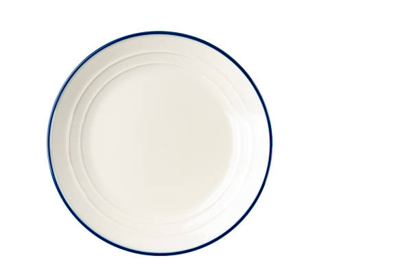 biała płyta z niebieskim paskiem na krawędzi. - plate blue dishware white zdjęcia i obrazy z banku zdjęć