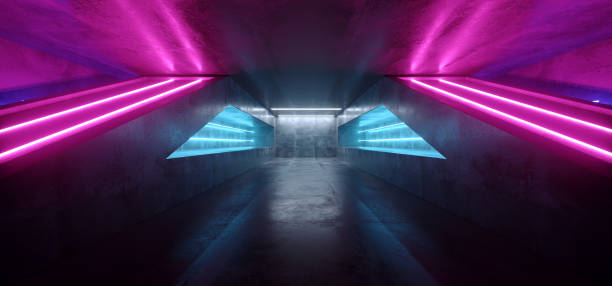 istock Futuristic Sci Fi Neon Fluorescent Vibrant Virtual Reality Blue Purple Pink Glowing Grunge Concrete Dark Empty Tunnel Underground Garage Spaceship Reflections 3D Rendering 1138694635