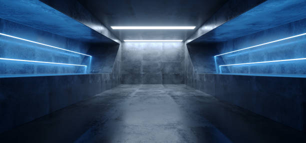 istock Futuristic Sci Fi Neon Fluorescent Vibrant Virtual Reality Blue Glowing Grunge Concrete Dark Empty Tunnel Underground Garage Spaceship Reflections 3D Rendering 1138694661