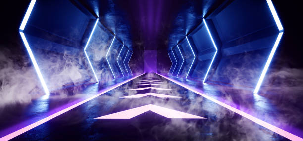 istock Smoke Empty Sci Fi Futuristic Dark Alien Spaceship Hall Tunnel Corridor Led Laser Arrow Shaped Floor Lights Glowing  Vibrant Purple Blue Virtual Reality 3D Rendering 1138695385