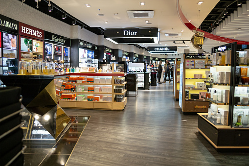 Lyon, France - 16 March 2019: Perfume store at Saint Exupery International airport, in Lyon, with brands such as Chanel, Dior, Hermes.