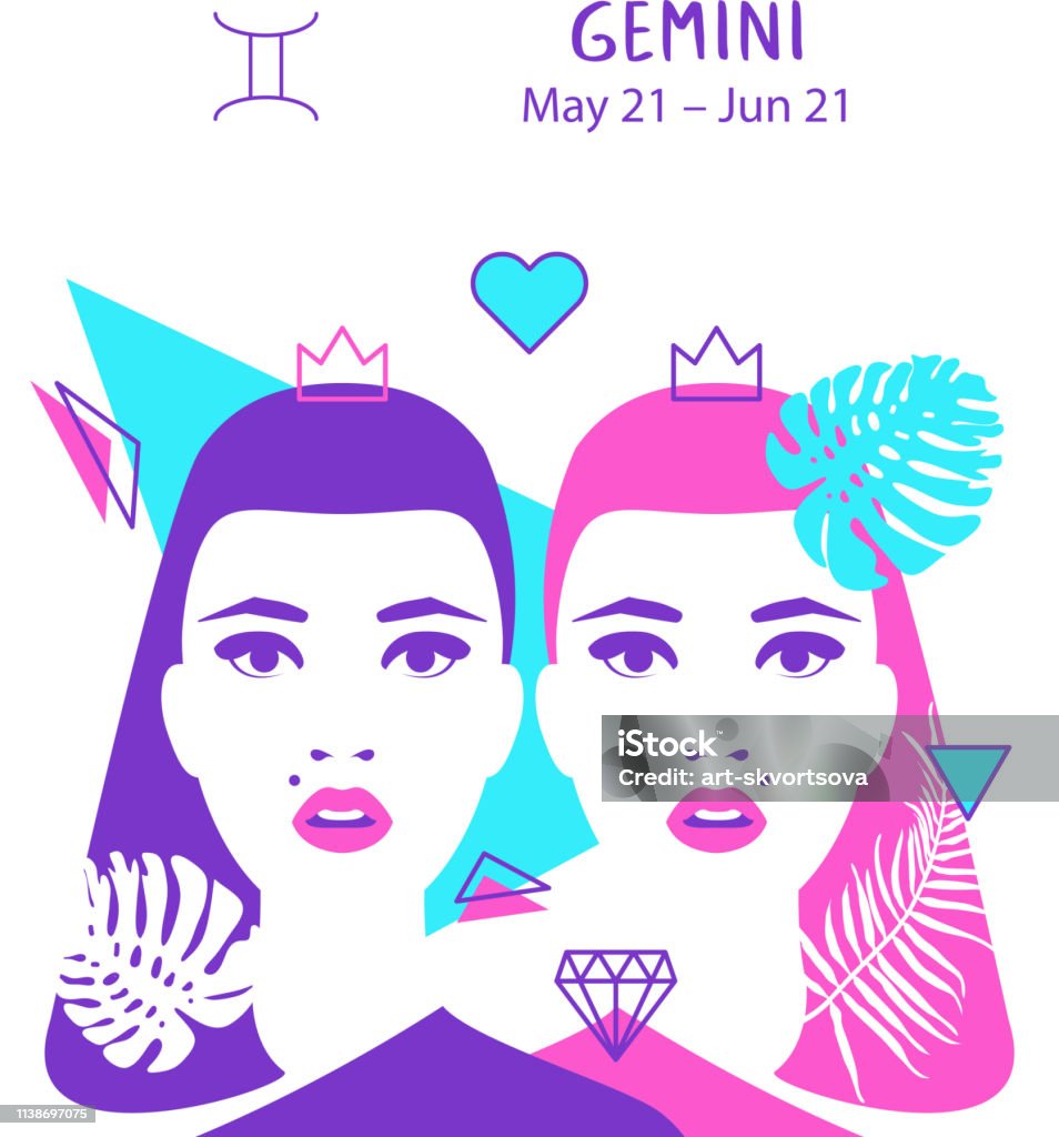 Gemini of zodiac, horoscope concept, vector art, illustration. Beautiful girl silhouette. Astrological sign as a beautiful women. Future telling, horoscope, alchemy, spirituality, occultism, fashion Astrology stock vector