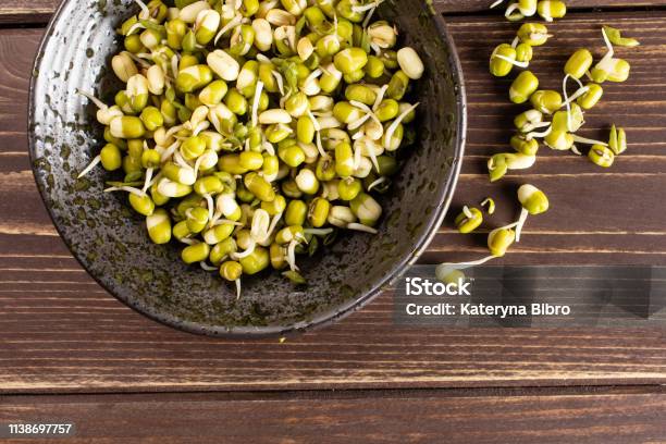 Mungo Bean Sprouts On Brown Wood Stock Photo - Download Image Now - Antioxidant, Backgrounds, Bean
