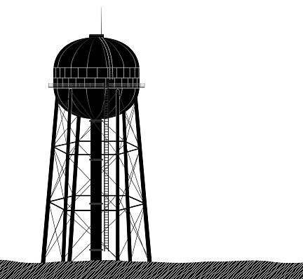 High and large water tower from the USA. Black on a white background. Water supply or plumbing