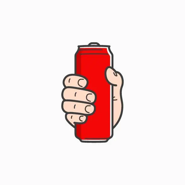 Vector illustration of Hand hold can. Male hand holding aluminium red can on white background