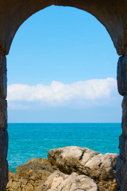 Tyrrhenian sea and rocky coast through arch in Cefalu, Sicily, Italy