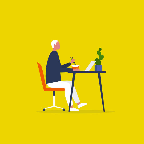 Young male character eating an asian take away lunch and working on the computer. Modern manager. Workaholic. Millennials at work. Flat editable vector illustration, clip art Young male character eating an asian take away lunch and working on the computer. Modern manager. Workaholic. Millennials at work. Flat editable vector illustration, clip art lunch silhouettes stock illustrations