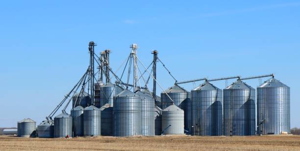 istock Group of metal grain storage bins on a sunny day 1138704328