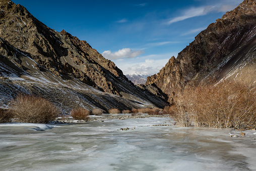 Frozen River in Winter at Hemis National Park, Ladakh, Jammu and Kashmir, India. This nationalpark is home of Snow Leopards and is located between 3,000 and 6,000 m altitude in the state of Jammu and Kashmir, Northern India.
