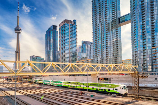 GO train and condominiums in downtown Toronto Ontario Canada