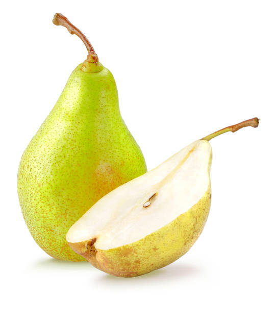 istock One green and a half yellow pear isolated on white 1138708401