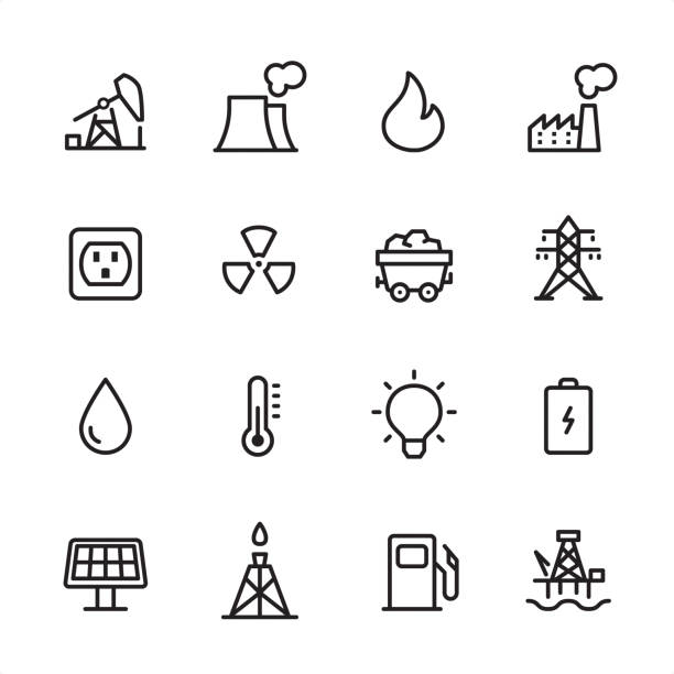 ilustraciones, imágenes clip art, dibujos animados e iconos de stock de industria de energía y energía-icono de contorno establecido - oil well fire