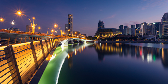 A view of Jubilee Bridge on the left, and the the north side of Marina Bay, Singapore.