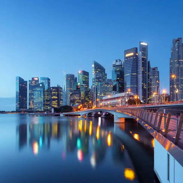 View of downtown Singapore at night.