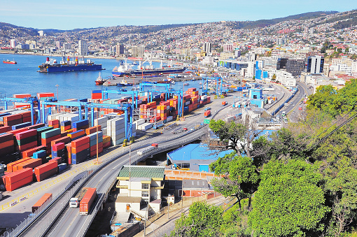 Container terminal in the city port. Valparaiso, Chile.