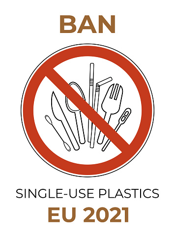 Prohibition sign spoon, fork, knife, stirrer, straws, cotton bud. Single-use plastic cutlery. Ban vector illustration set plastic cutlery flat logo for ecological poster, pollution environment concept