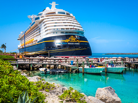 Castaway Cay, Bahamas, June 15, 2018 - Walt Disney Fantasy American cruise ship docked at port Castaway Cay, Bahamas